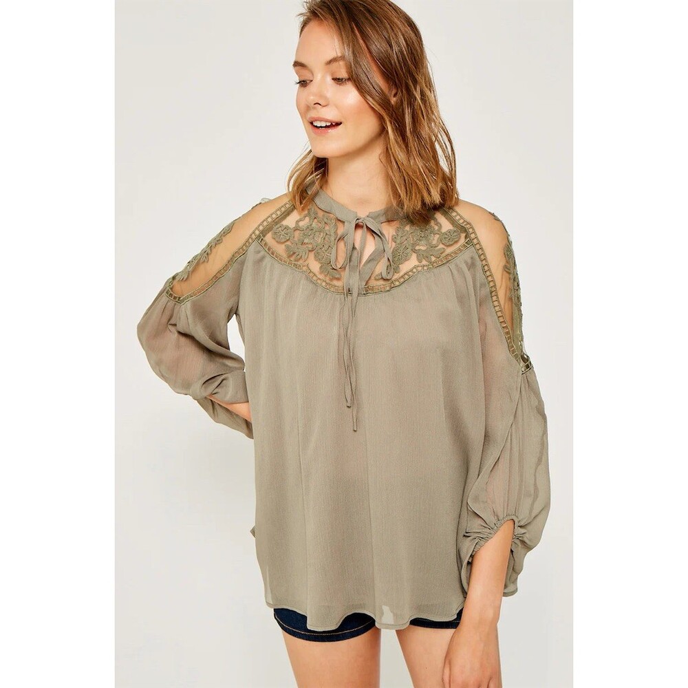 Hayden Los Angeles Blouse Womens S/M Olive Green Sheer Lace Boho Tie Neck